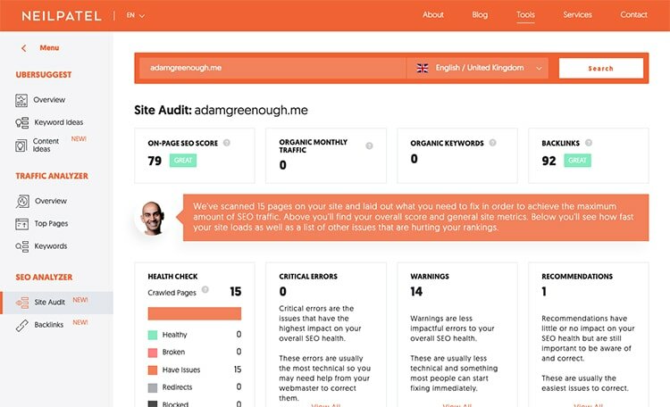 A screenshot of the Neil Patel SEO Analyser Website Testing Tool