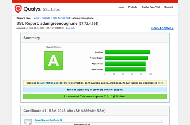 A screenshot of SSL Labs Website Testing Tool showing an A rating for adamgreenough.me