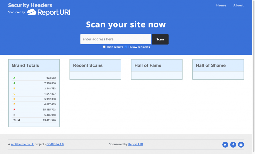 Screenshot of the Security Headers testing website