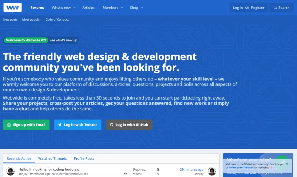 Screenshot of the webwide homepage